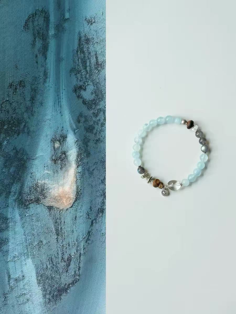 Natural Aquamarine & Labradorite Bracelet |Crystal with Silver Charm