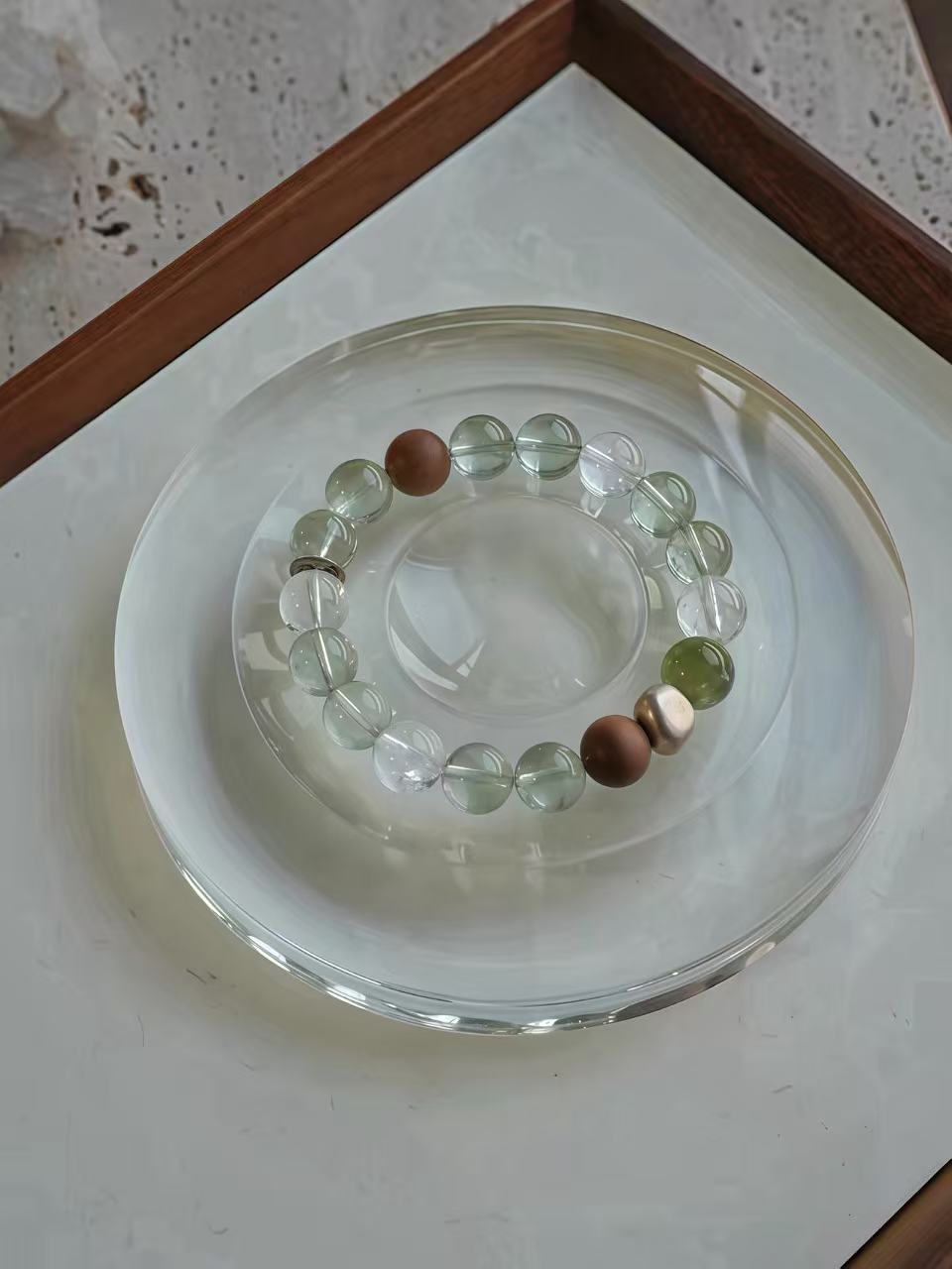 Natural Green Phantom Quartz Bracelet |Crystal with Sandalwood & Clear Quartz
