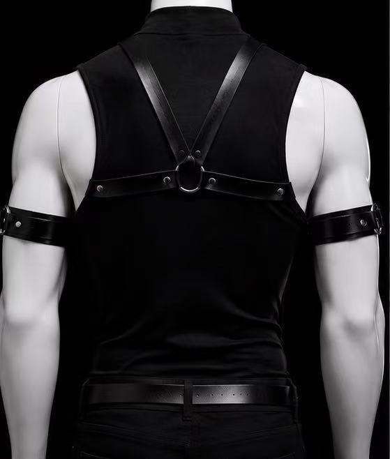 Back view of WEIX black body accessory with adjustable straps styled over a fitted black top