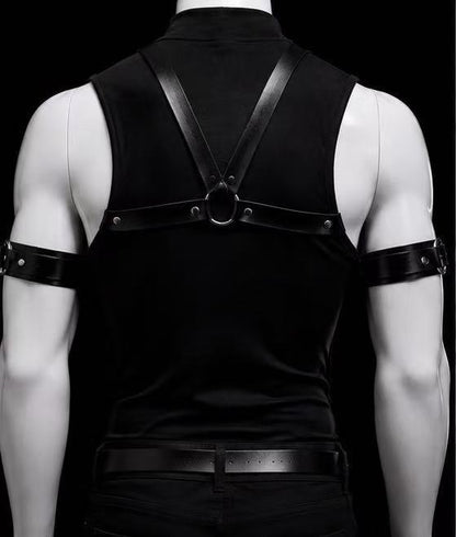 Back view of WEIX black body accessory with adjustable straps styled over a fitted black top