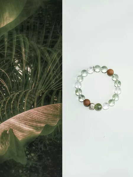 Natural Green Phantom Quartz Bracelet |Crystal with Sandalwood & Clear Quartz