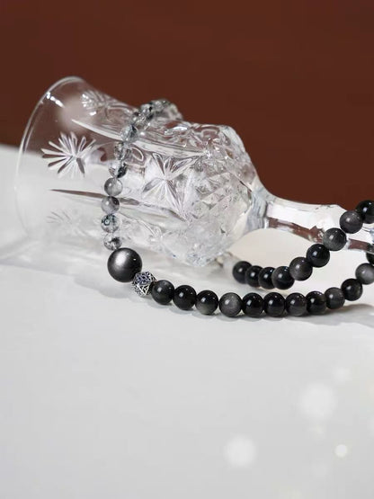 Natural Black Obsidian & Rutilated Quartz Bracelet Set | Protection Crystal Stack