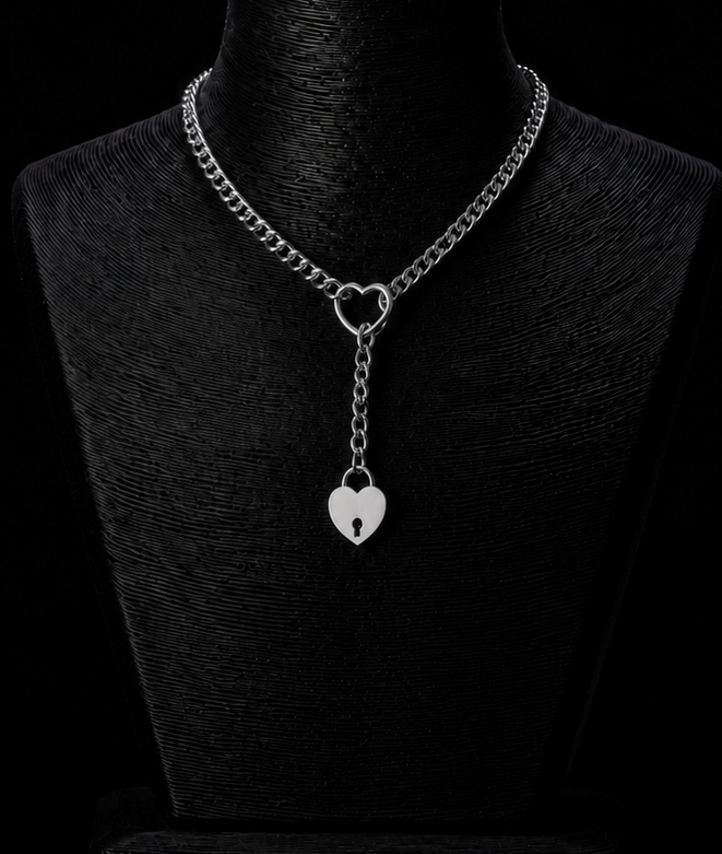 Silver Heart Lock Chain Necklace with Heart Padlock on Black Jewelry Display