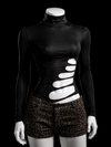 Black long sleeve cutout top styled for alternative fashion outfits with a sculpted body-hugging silhouette