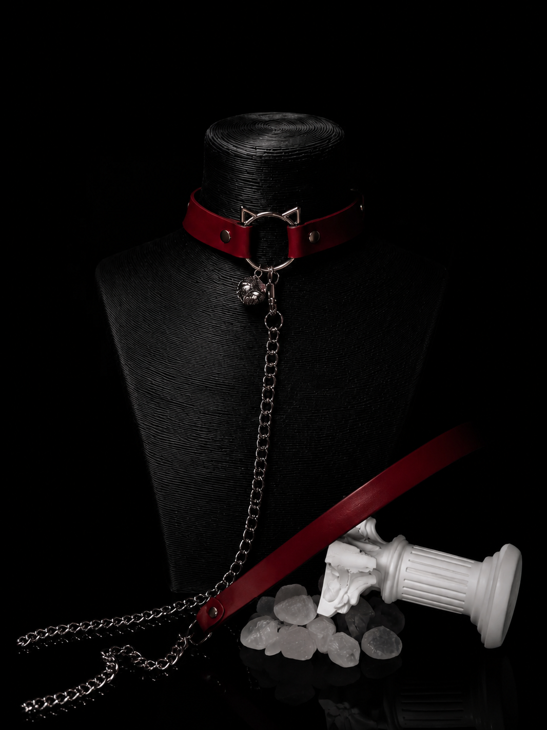 WEIX red gothic cat ear choker with chain leash and silver bell