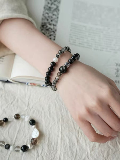 Natural Black Obsidian & Rutilated Quartz Bracelet Set | Protection Crystal Stack