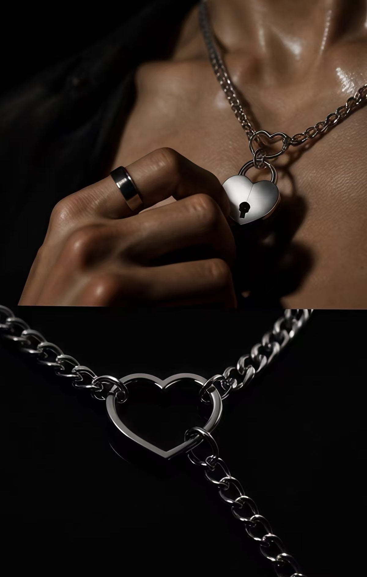 Man wearing silver heart lock necklace touching heart pendant, dark luxury fashion jewelry style