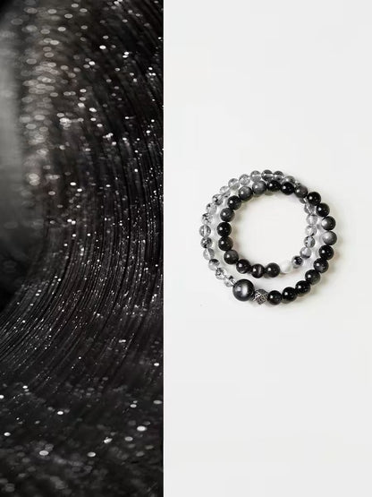 Natural Black Obsidian & Rutilated Quartz Bracelet Set | Protection Crystal Stack
