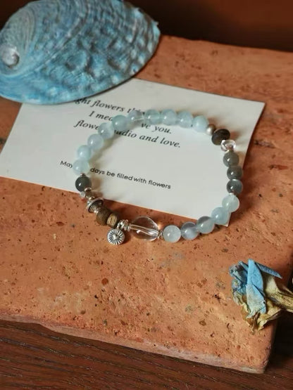 Natural Aquamarine & Labradorite Bracelet |Crystal with Silver Charm