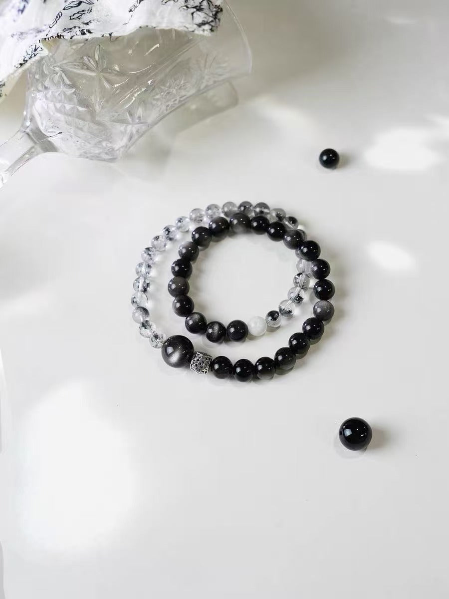 Natural Black Obsidian & Rutilated Quartz Bracelet Set | Protection Crystal Stack