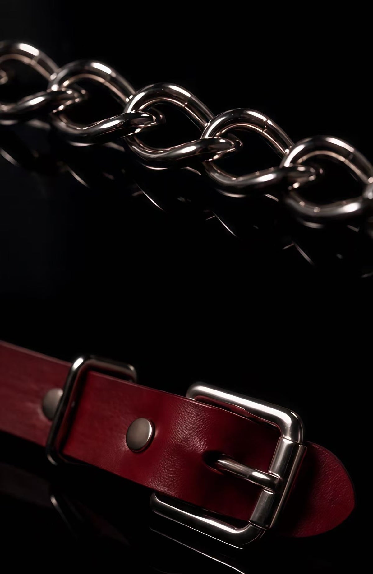 WEIX red leather choker adjustable buckle and silver chain detail