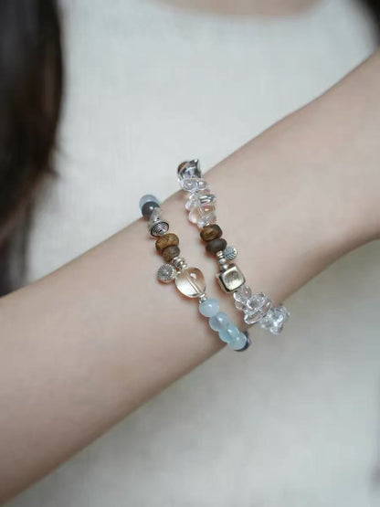 Natural Aquamarine & Labradorite Bracelet |Crystal with Silver Charm