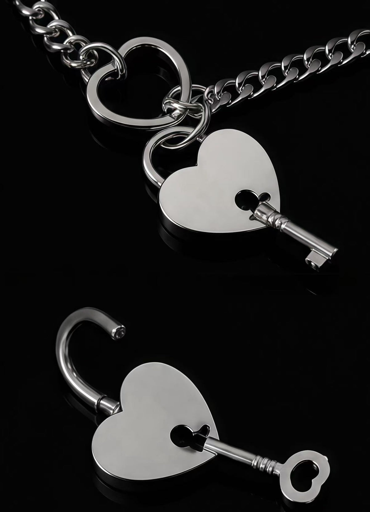 Close up silver heart lock necklace with matching key pendant, detailed metal jewelry craftsmanship